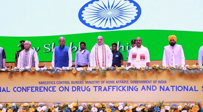 Union Home Minister Amit Shah and LG Manoj Sinha among others at a conference on national security and drug trafficking in Chandigarh on Saturday.