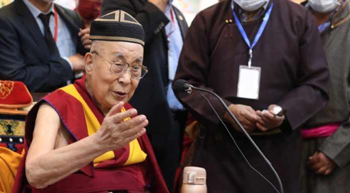 Tibetan spiritual leader The Dalai Lama addressing the gathering during his visit to Leh on Saturday. -Excelsior/Morup Stanzin