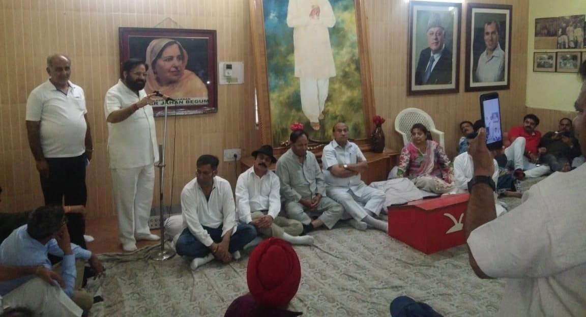 NC leaders addressing Party workers at Jammu on Thursday.