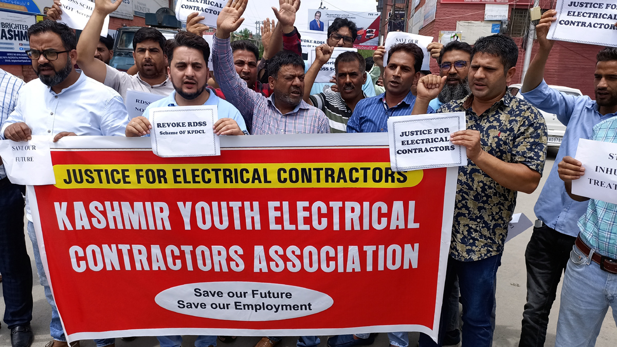 Kashmir Youth Electrical Contractors Association during a protest in Srinagar on Saturday. —Excelsior/Shakeel
