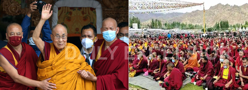 Tibetan spiritual leader The Dalai Lama waves to huge crowd in Leh on Thursday. -Excelsior/Morup Stanzin