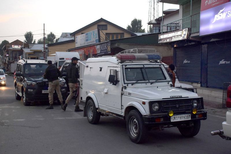 Security forces near the site of attack by militants in Lal Bazaar area of Srinagar on Tuesday. -Excelsior/Shakeel