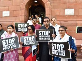 Suspended Rajya Sabha MPs staging a protest at Parliament House during the Monsoon session in New Delhi on Tuesday. (UNI)
