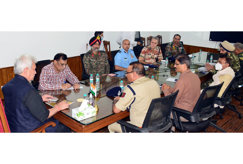 LG Manoj Sinha chairs high level meeting to review relief & rescue operation at holy cave shrine, in Srinagar on Saturday.