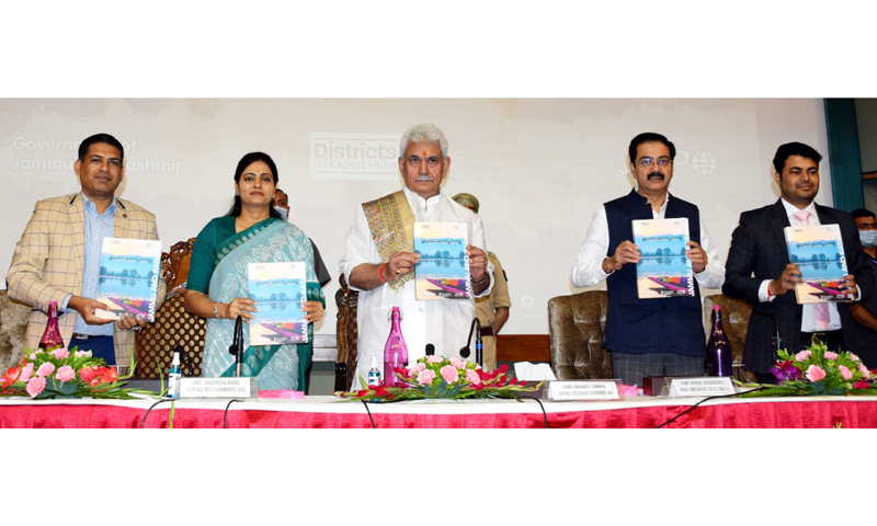 LG Manoj Sinha and Union MoS Commerce & Industry Anupriya Patel during unveiling of District Export Plans for J&K in Srinagar on Friday.