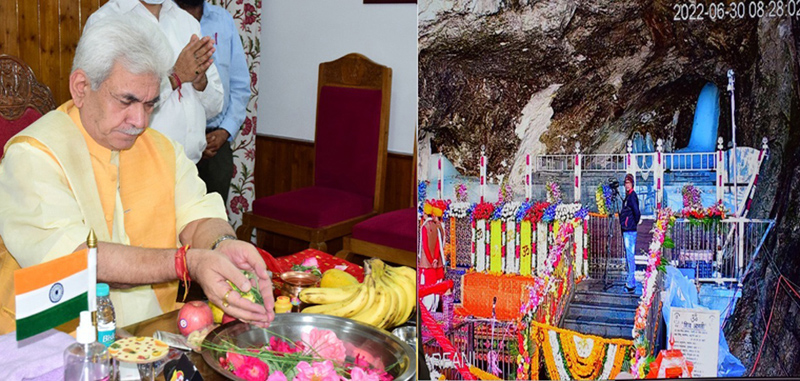 Lt Governor Manoj Sinha performing puja through virtual mode (left) and the view of fully illuminated holy cave with naturally formed Ice Lingam of Lord Shiva (right).