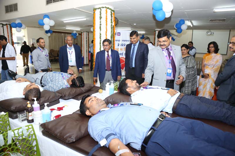 Volunteers donating blood at a camp organized by SBI in Chandigarh.