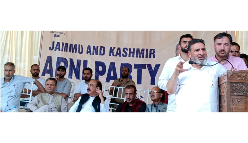 AP president Syed Mohammad Altaf Bukhari addressing a party convention at Konibal, Pampore.
