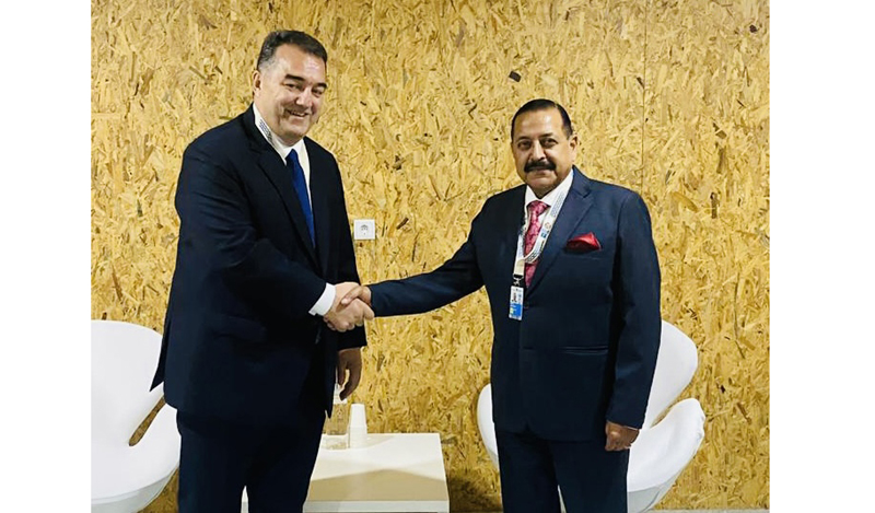 Union Minister Dr Jitendra Singh and Tajikistan Minister for Energy and Water resources, Daler Juma Shofaqir formally shake hands before the start of bilateral Ministerial meeting between the two countries,on the side-lines of the UN Ocean Conference at Lisbon, Portugal.