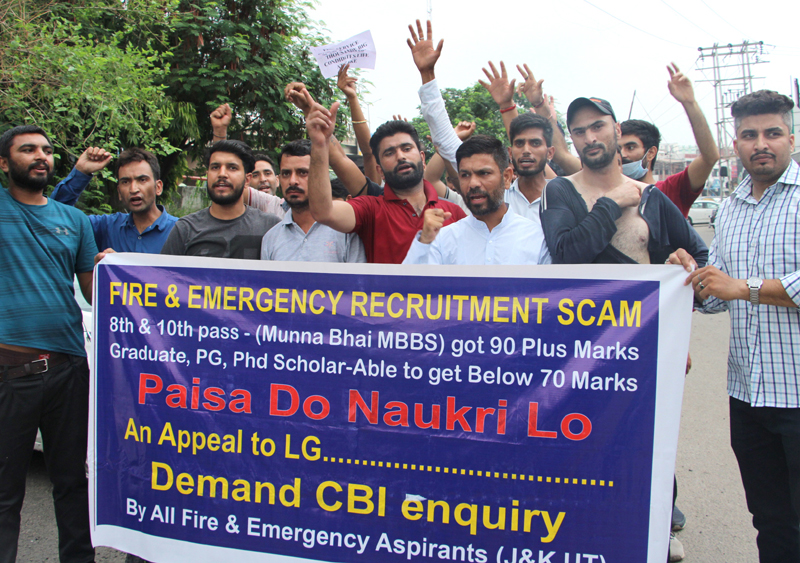 Aspirants of Fire and Emergency Services raising slogans during protest at Jammu. -Excelsior/Rakesh