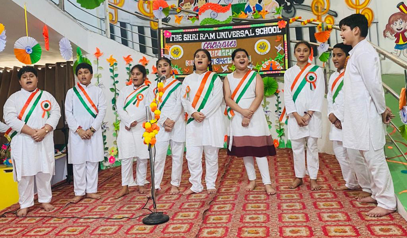 Students presenting cultural item during celebration of Independence Day at The Shri Ram Universal School Jammu on Sunday.