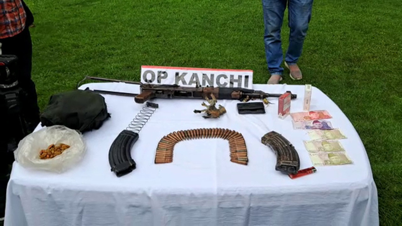 Arms and ammunition recovered from slain militants in Nowshera sector of Rajouri district.