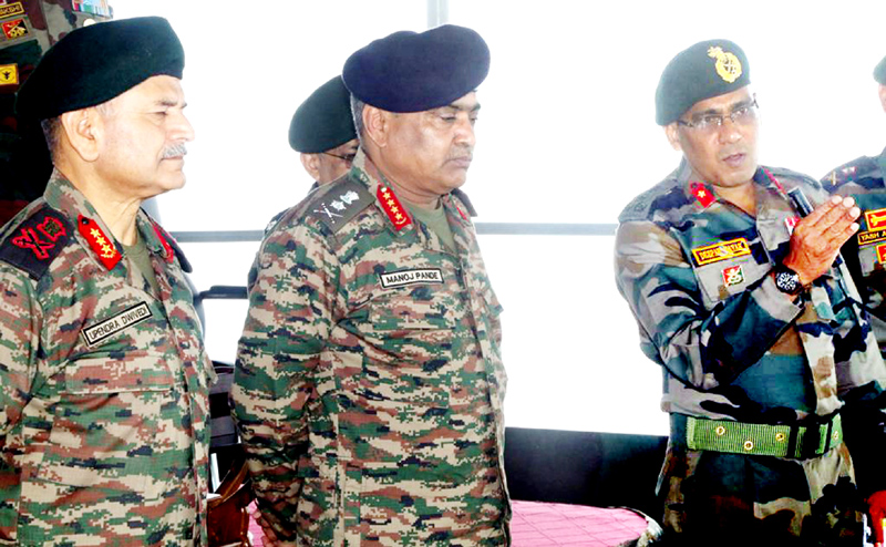 Army chief General Manoj Pande during visit to a forward area in Rajouri district on Saturday.
