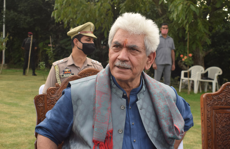 LG Manoj Sinha addressing a press conference in Srinagar on Friday. —Excelsior/Shakeel