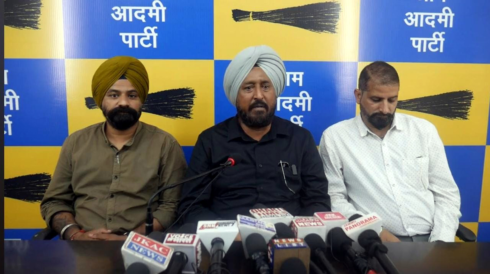 AAP leader T S Tony addressing a press conference at Jammu.
