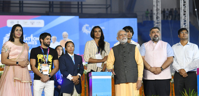 Prime Minister Narendra Modi at the opening ceremony of the 36th National Games at Narendra Modi Stadium in Ahmedabad. Gujarat on Thursday. (UNI)