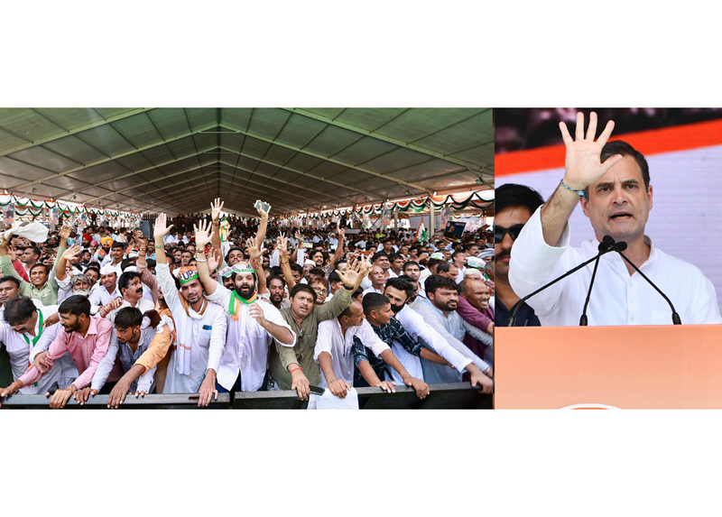 Congress leader Rahul Gandhi addressing party supporters at 'Mehangai Par Halla Bol' rally at Ram Lila Maidan in New Delhi on Sunday. (UNI)