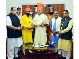 BJP and Yuva Rajput Sabha leaders in a meeting with Lt Governor Manoj Sinha at Raj Bhawan in Jammu on Thursday.