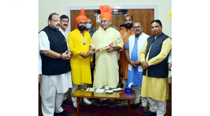 BJP and Yuva Rajput Sabha leaders in a meeting with Lt Governor Manoj Sinha at Raj Bhawan in Jammu on Thursday.