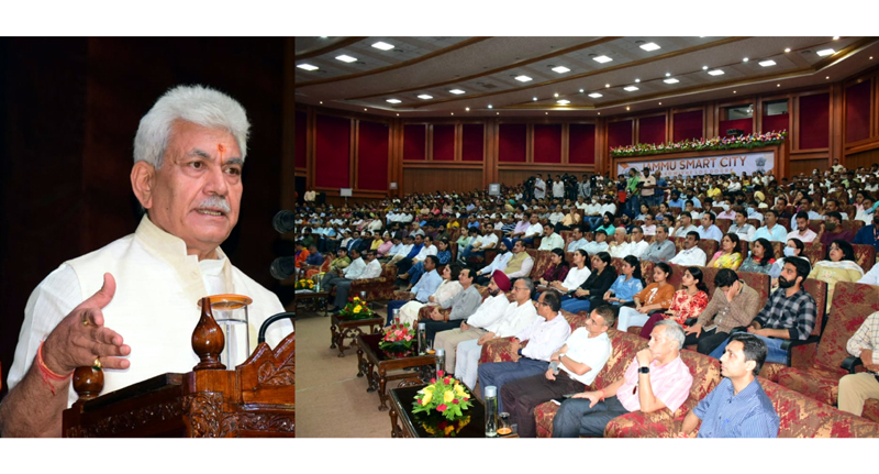 LG Manoj Sinha addressing a function after inaugurating and laying foundation stone of 14 projects of Jammu Smart City in Jammu on Friday.