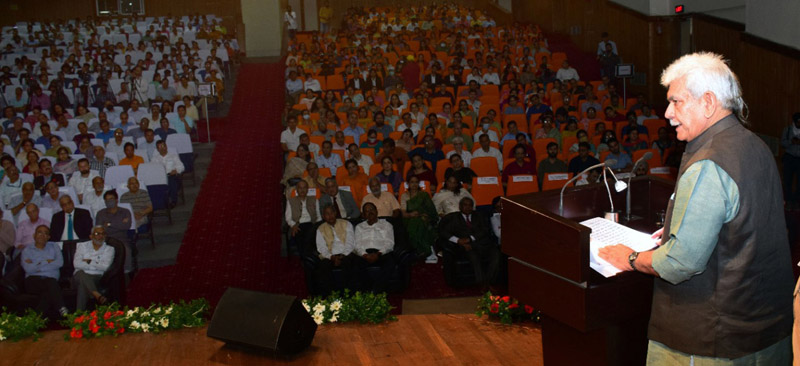 LG Manoj Sinha addressing JU's Foundation Day function on Monday.