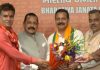 Former president JK Panthers Party Balwant Singh Mankotia being presented a bouquet by Union Minister Dr Jitendra Singh and BJP leaders Tarun Chugh and Ravinder Raina in New Delhi on Thursday.