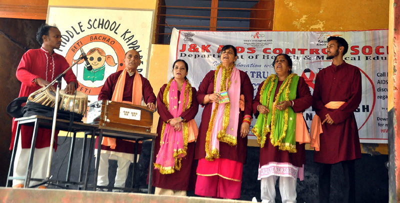 Artists presenting a programme during AIDS awareness campaign at Akhnoor on Tuesday.