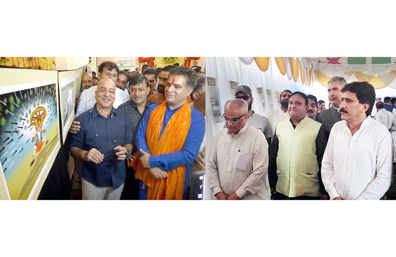 BJP general secretary (Org), Ashok Koul inaugurating exhibition at Srinagar (right) and party president, Ravinder Raina inaugurating the exhibition at Jammu (left) on Sunday.