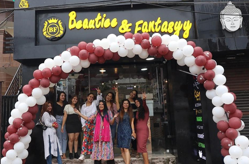 Jubilant women at newly opened showroom 'Beautiee & Fantasyy' in Gandhi Nagar on Monday.