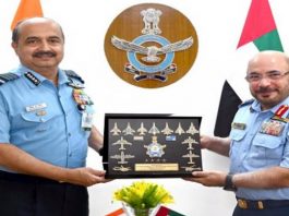 Commander of the UAE Air Force and Air Defence Maj Gen Ibrahim Nasser Mohamed Al Alawi on Monday met Air Chief Marshal V R Chaudhari on Monday.