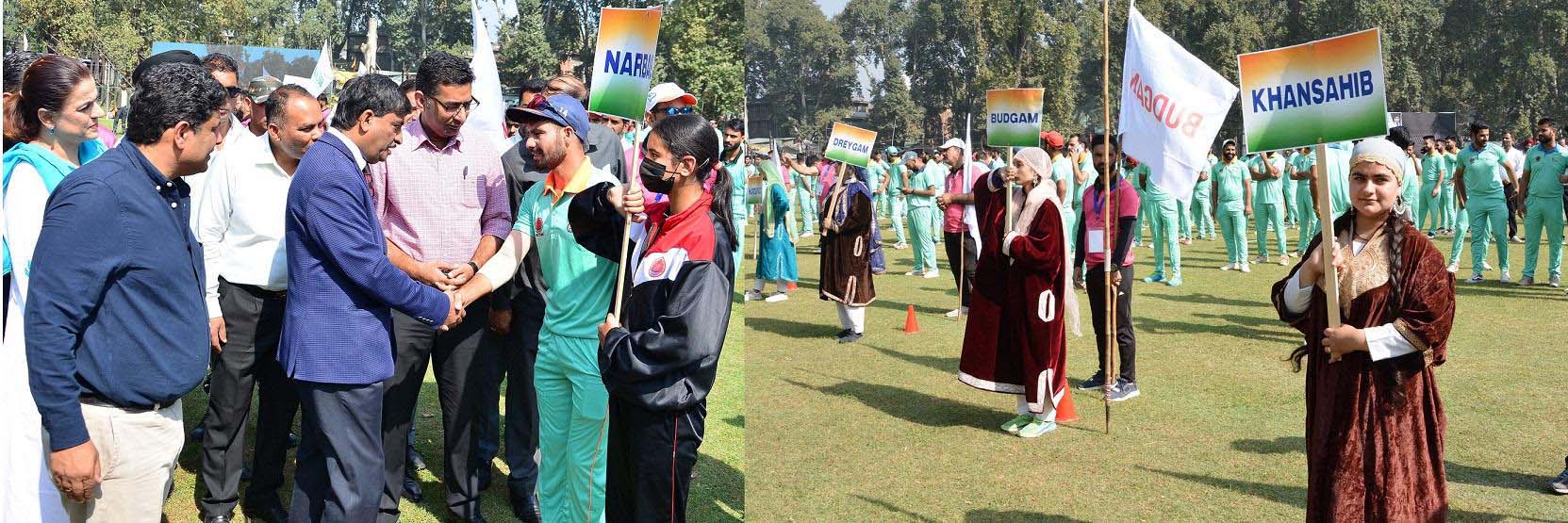 Chief Secretary Dr Arun K Mehta interacting with players(L) and participants during the inaugural ceremony(R) at Sher-e-Kashmir Stadium Srinagar on Thursday.