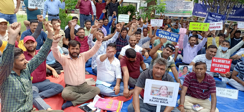 Reserved category employees staging protest in Jammu on Saturday.