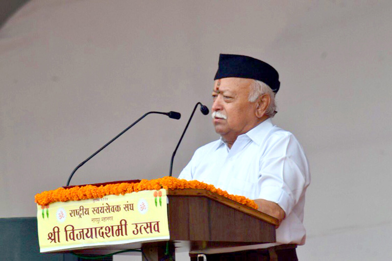 RSS Sarsanghchalak Dr Mohan Bhagwat addressing during Vijayadashmi festival celebration in Nagpur on Wednesday. (UNI)