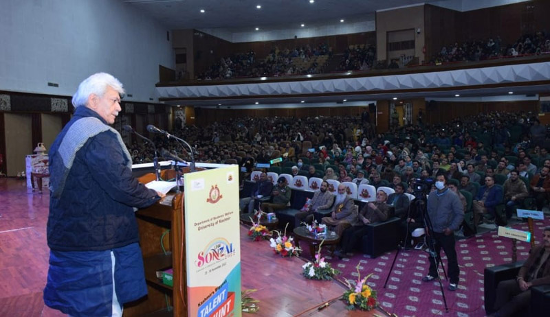 LG Manoj Sinha addressing Annual Youth Festival at University of Kashmir on Wednesday.