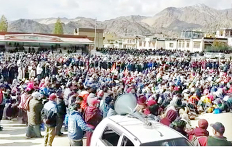 A view of protest in Leh on Wednesday.