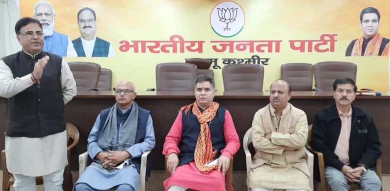 BJP leaders during a meeting at Party headquarters Jammu on Wednesday.