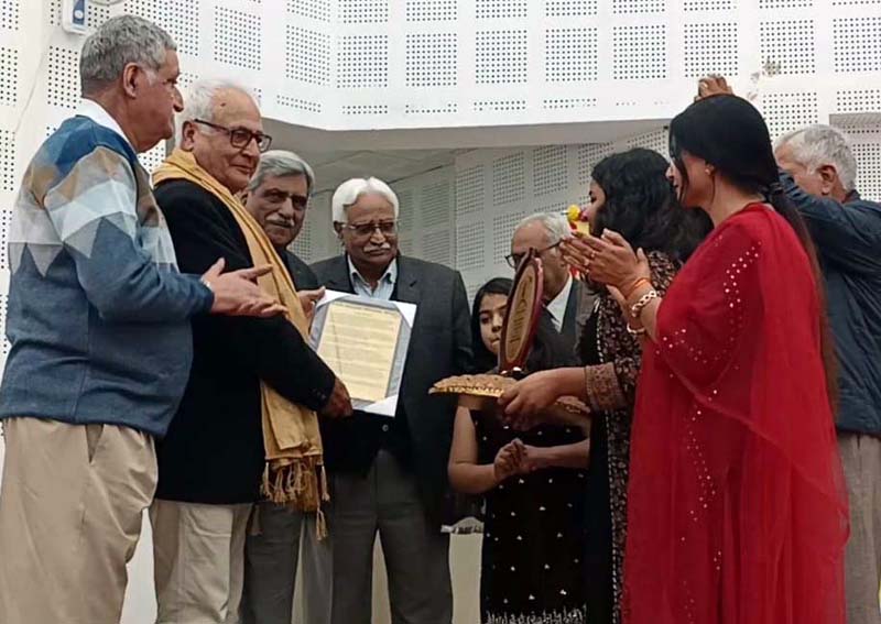 Pran Pandita, a well known writer being awarded at a function at Jammu on Sunday.