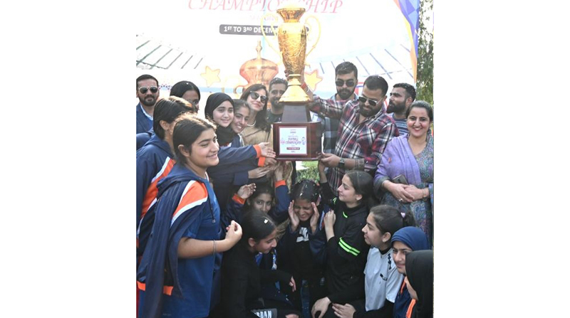 Winners being awarded with trophy by dignitaries at BOMIS Jammu on Saturday.
