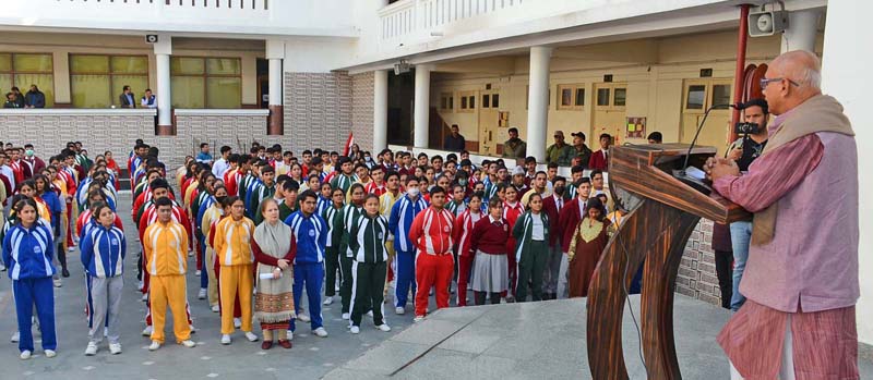 JMC Mayor, Rajinder Sharma addresses students of KC Public School at Jammu on Wednesday.