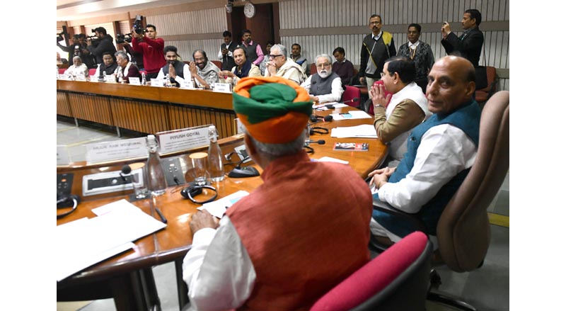 Defence Minister Rajnath Singh, Union Minister for Commerce and Industry Piyush Goyal, Union Minister of Parliamentary Affairs Pralhad Joshi, MoS Arjun Ram Meghwal, leader of Congress in Lok Sabha Adhir Ranjan Chaudhary and others during a meeting with floor leaders of all political parties on Tuesday. (UNI)