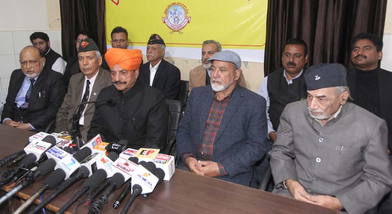 DSS J&K president Gulchain Singh Charak and others during a press conference at Jammu. -Excelsior/Rakesh
