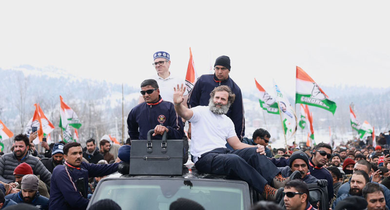 Congress leader Rahul Gandhi being taken into a car in view of the security reasons during party's Bharat Jodo Yatra at Banihal on Friday. (UNI)