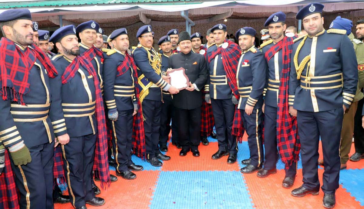 JKP pipe and brass bands being felicitated for their performance in the R-Day Parade.