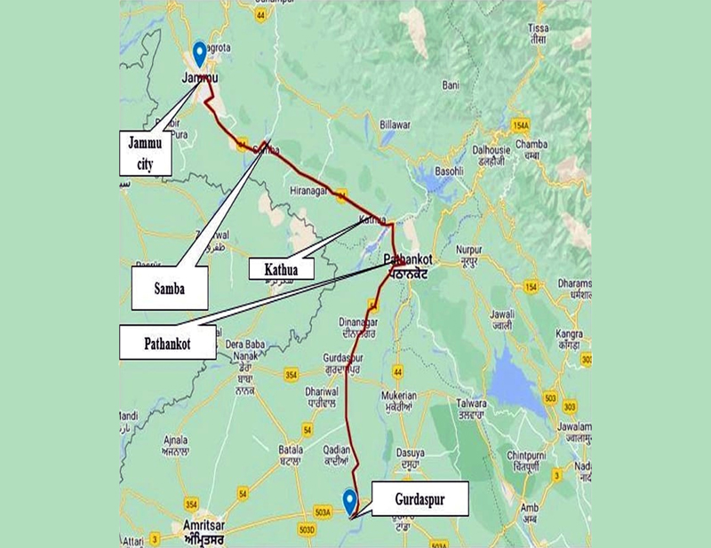Map shows route of Gurdaspur-Jammu Natural Gas Pipeline.