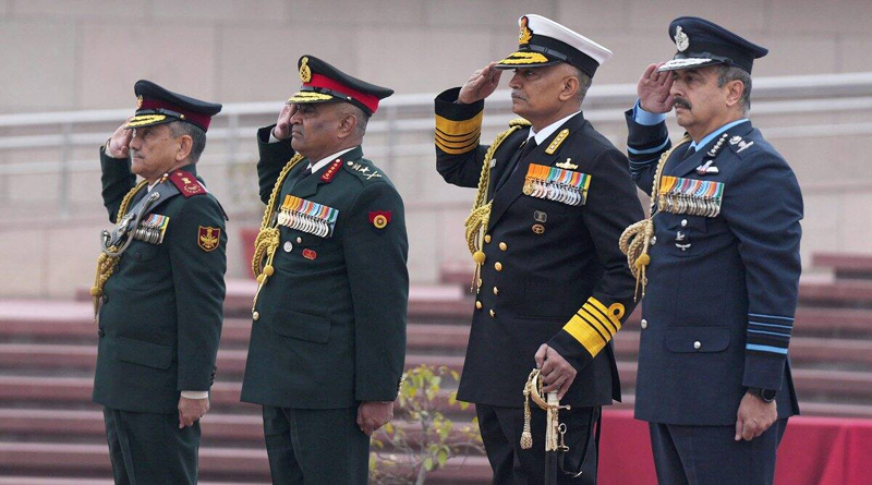 Chief of Defence Staff General Anil Chauhan, Chief of Army Staff General Manoj Pande, Chief of Air Staff Air Chief Marshal VR Chaudhari and Chief of Naval Staff Admiral R. Hari Kumar pay homage at the National War Memorial on the occasion of Armed Forces Veterans Day.