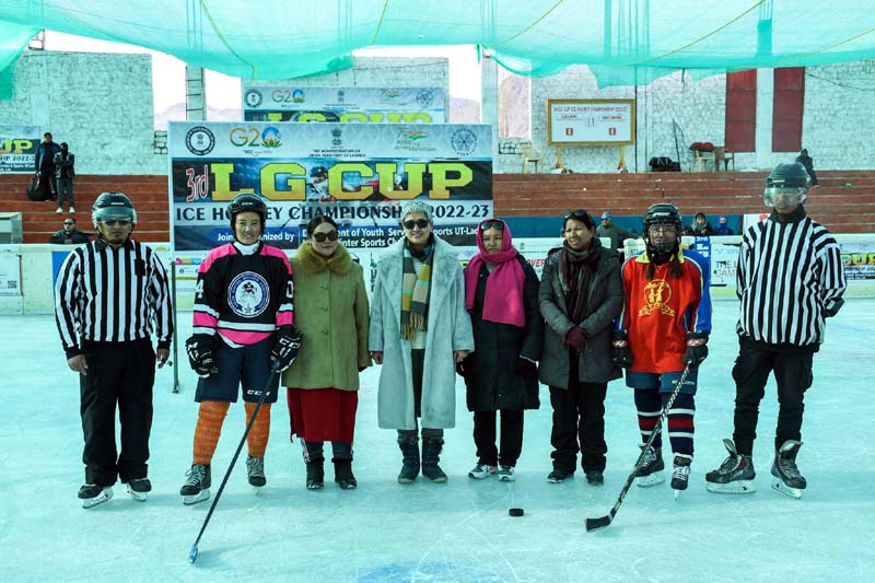 Dignitaries posing with ICE Hockey players at Leh during inaugural ceremony on Saturday.