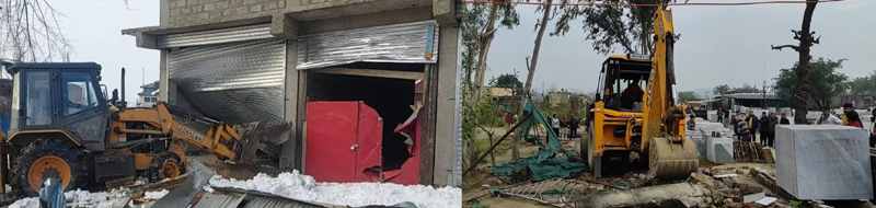 Illegal structures on encroached land being demolished in Kulgam and Samba.
