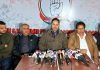 JKPCC president Vikar Rasool Wani, flanked by others addressing press conference in Jammu on Tuesday. - Excelsior/Rakesh