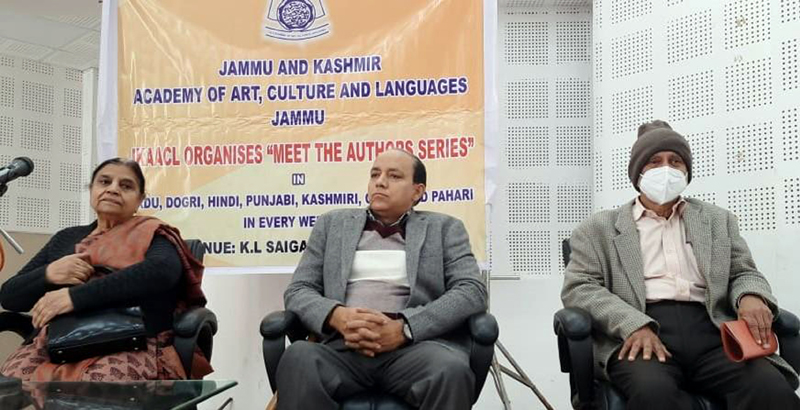 Prominent writers during ‘Meet the Author’ series at JKAACL in Jammu on Saturday.