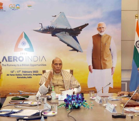 Union Minister for Defence, Rajnath Singh chairs the apex committee meeting of Aero India 2023, in New Delhi on Tuesday.